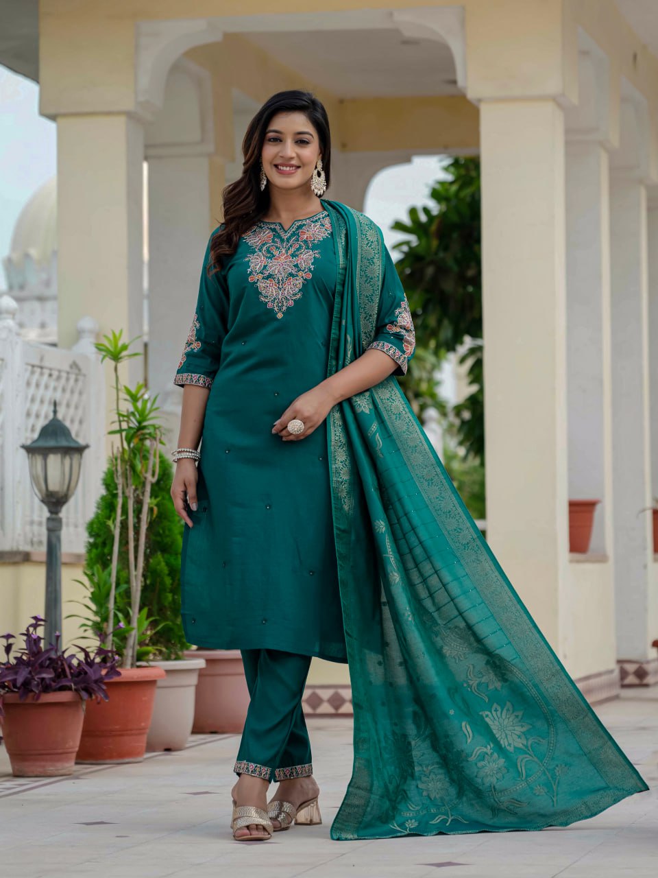 Pramukh Fab Teal Green Color Roman Silk Kurta Set