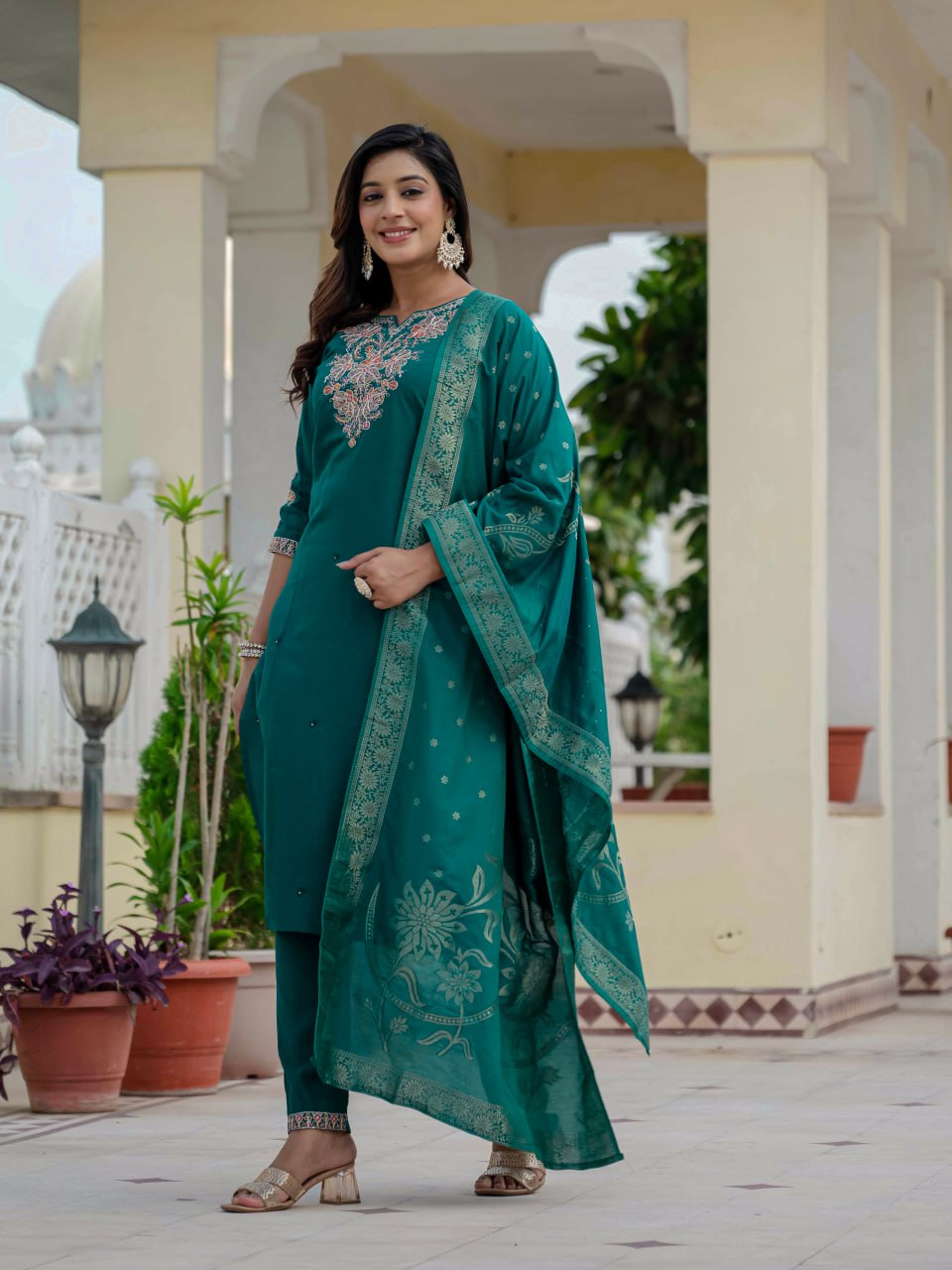 Pramukh Fab Teal Green Color Roman Silk Kurta Set