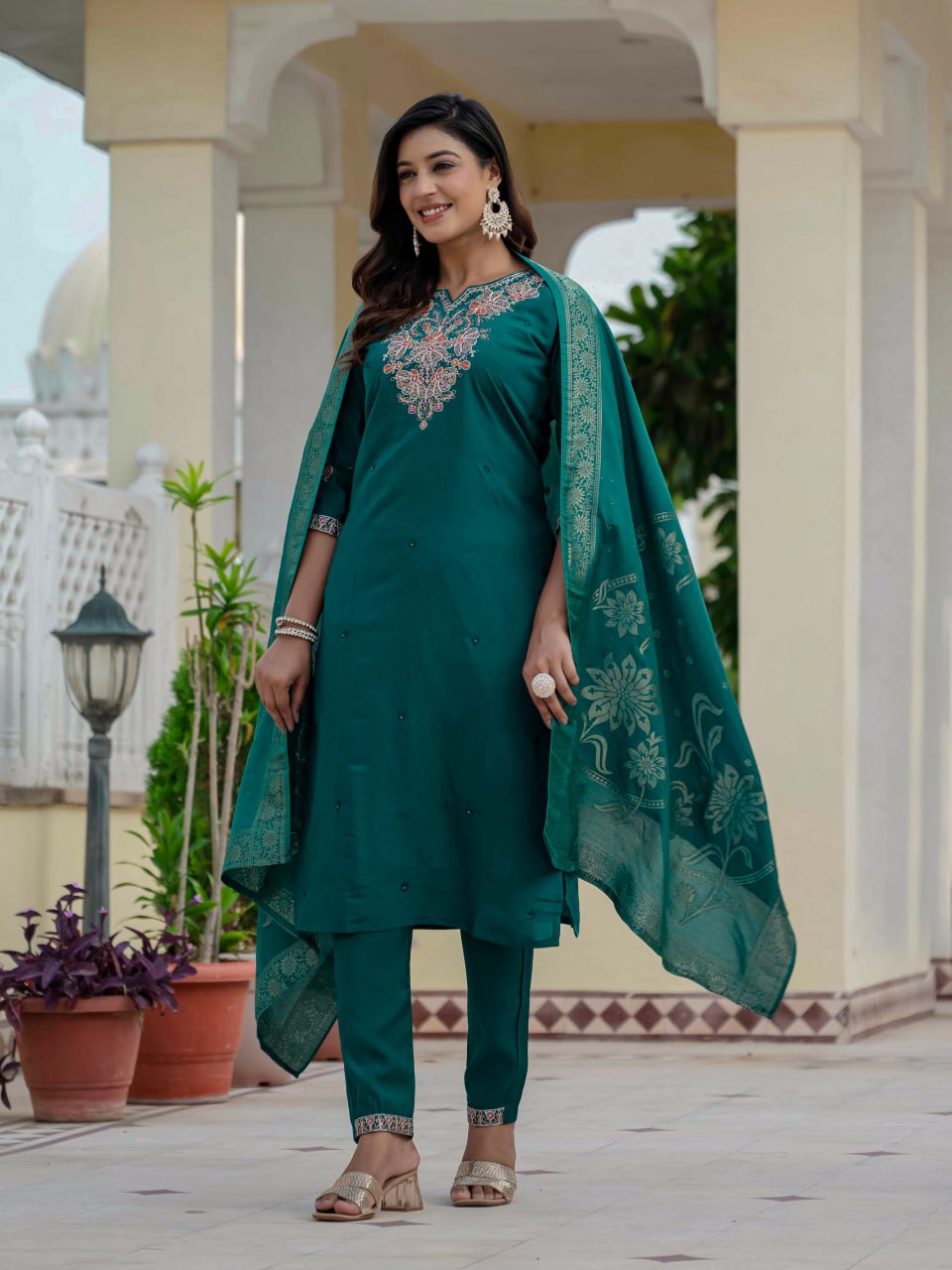 Pramukh Fab Teal Green Color Roman Silk Kurta Set