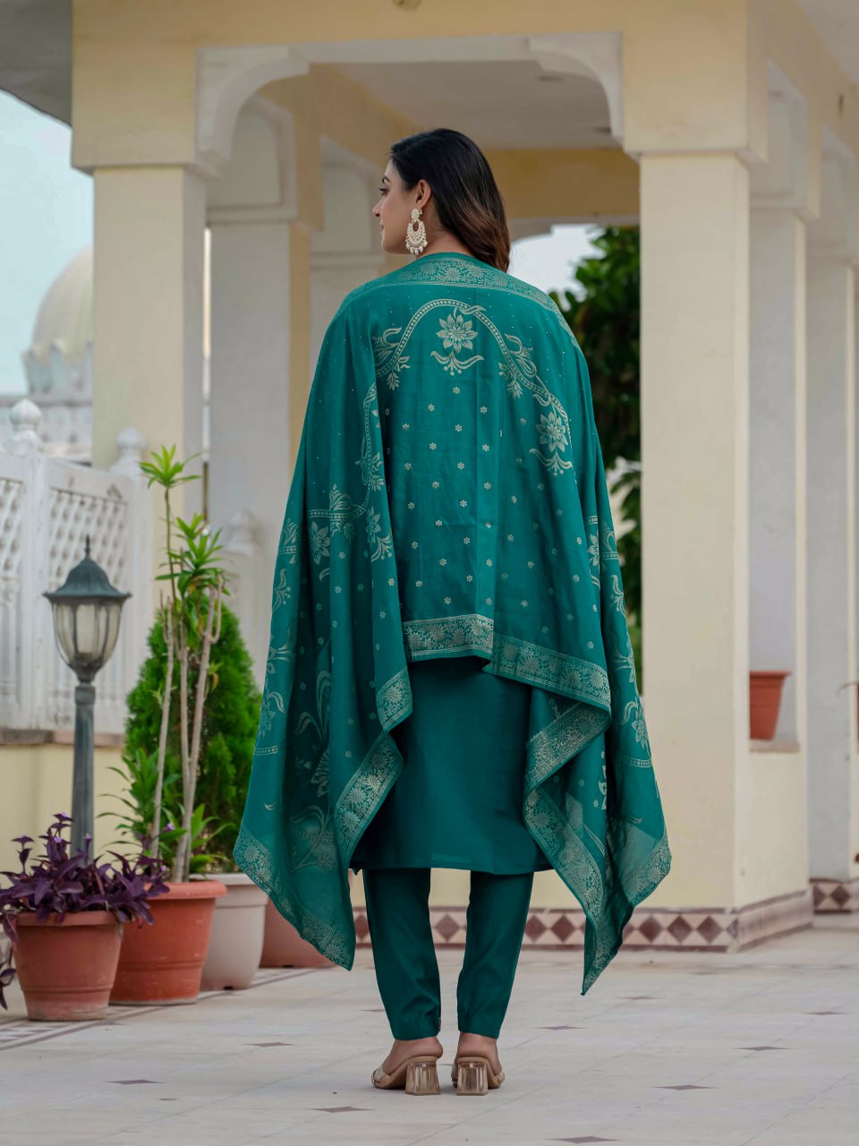 Pramukh Fab Teal Green Color Roman Silk Kurta Set