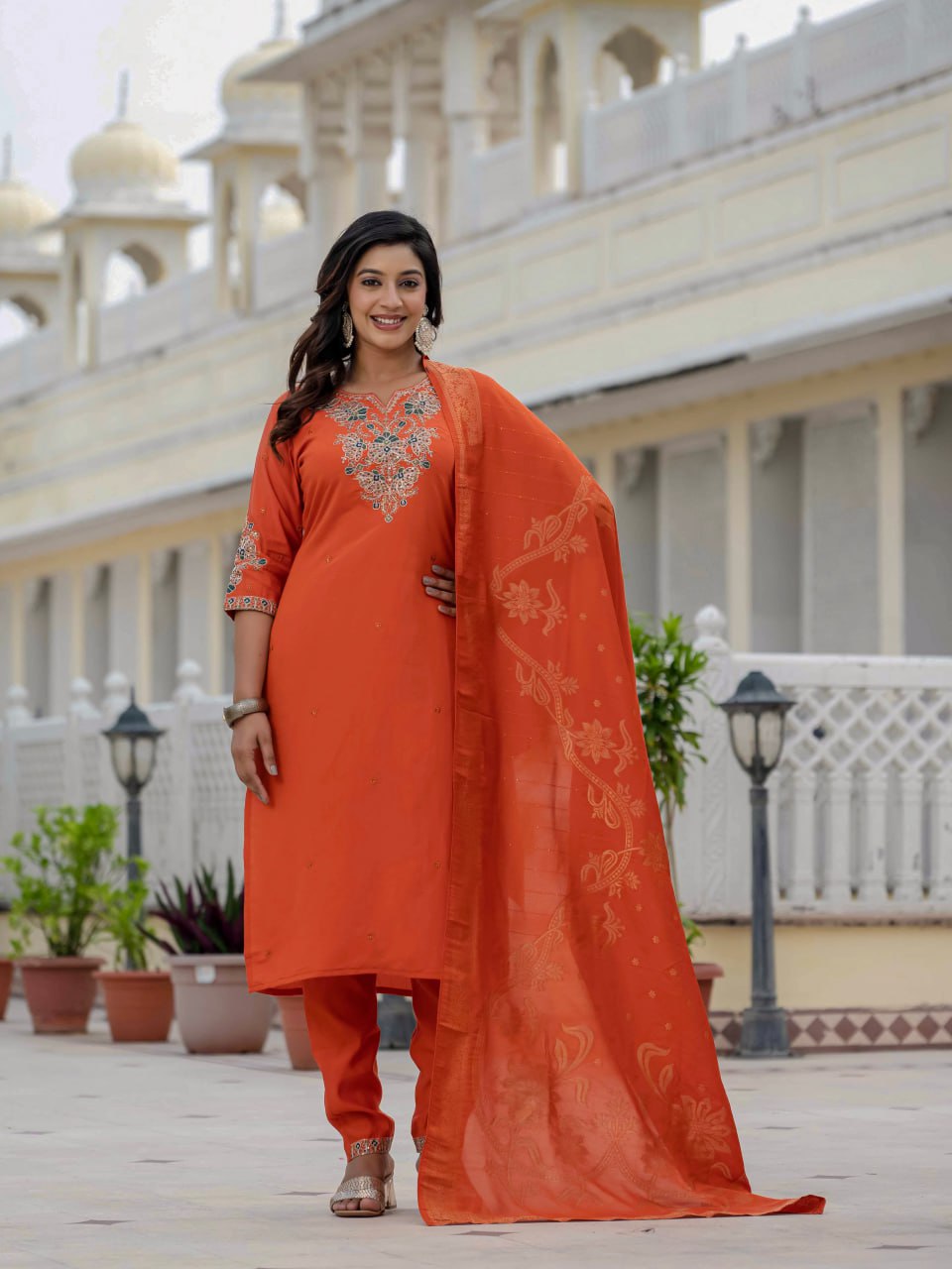 Pramukh Fab Orange Color Roman Silk Kurta Set