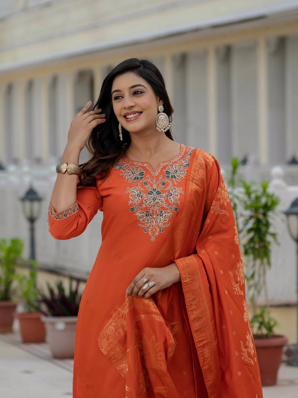 Pramukh Fab Orange Color Roman Silk Kurta Set