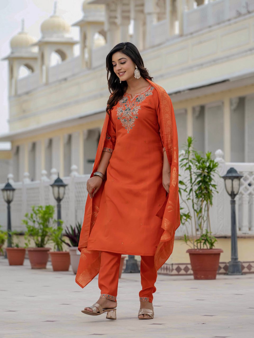 Pramukh Fab Orange Color Roman Silk Kurta Set