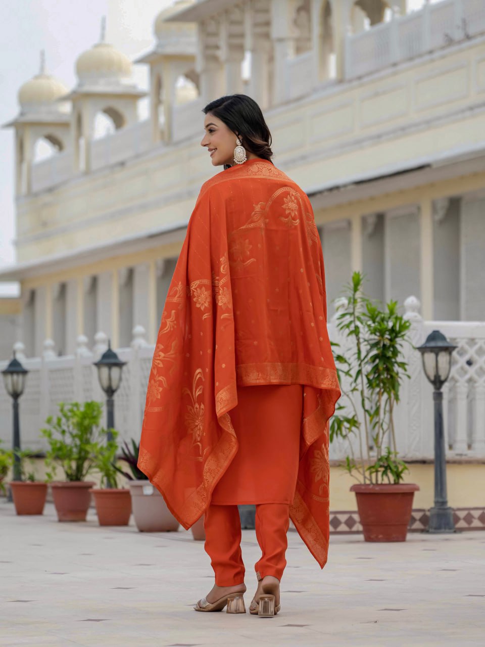 Pramukh Fab Orange Color Roman Silk Kurta Set