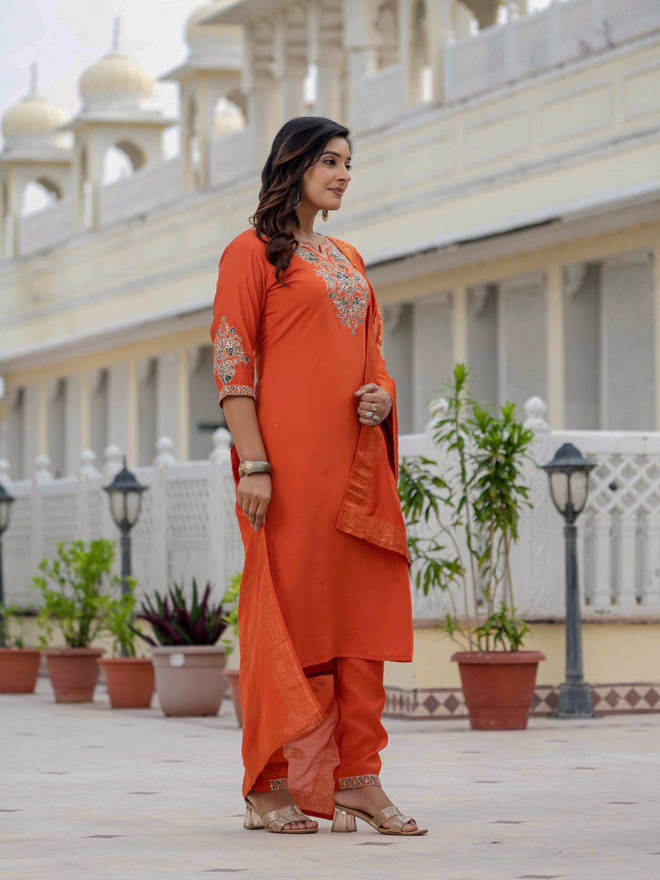 Pramukh Fab Orange Color Roman Silk Kurta Set