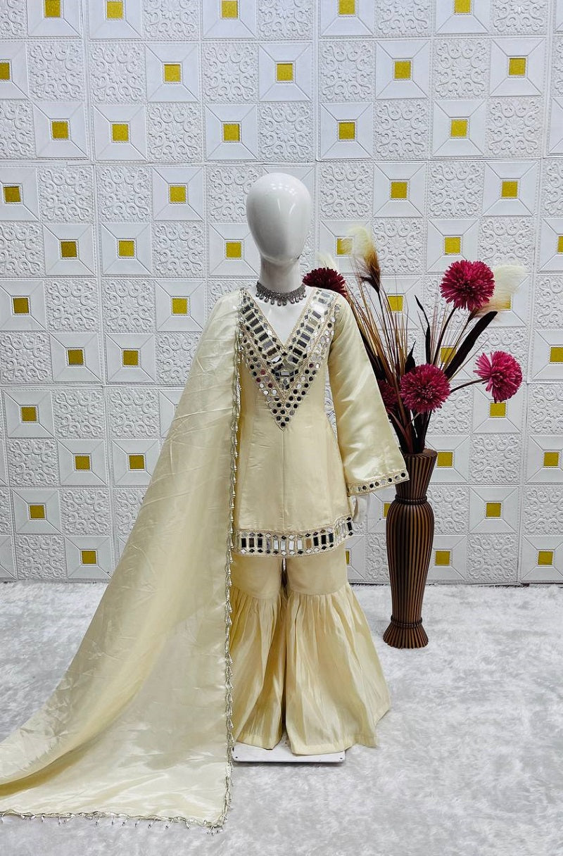 Evanik Beige Heavy Cosmos Zari Silk Real Mirror Work Kids Sharara Set