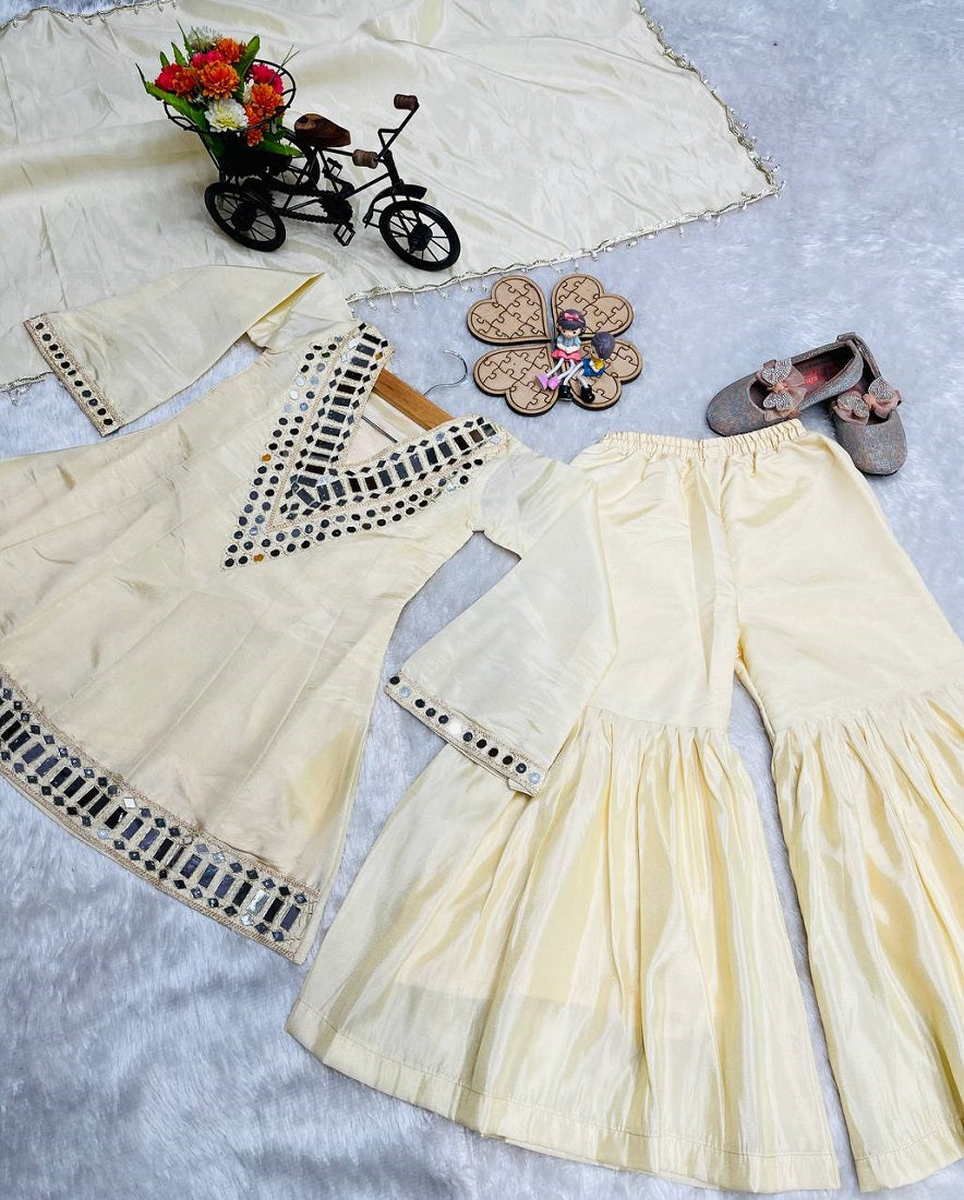 Evanik Beige Heavy Cosmos Zari Silk Real Mirror Work Kids Sharara Set
