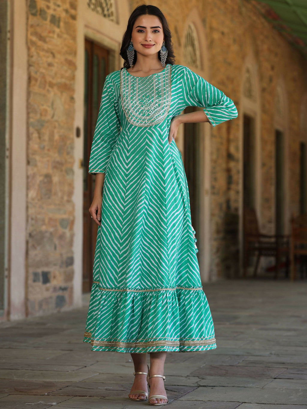 Juniper Women's Green Printed Embroidered Mirror Work Sequin Cotton Flared Dress