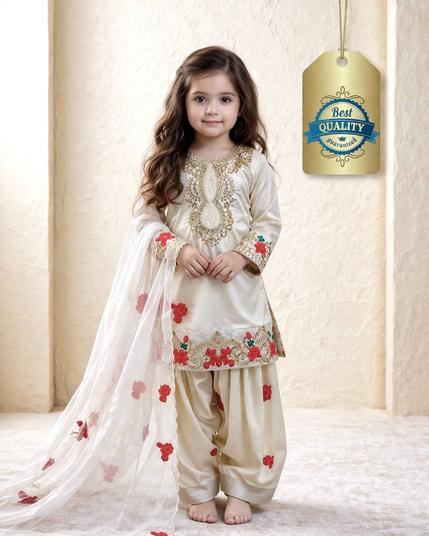 Evanik White Designer Party Wear Heavy Natural Crep Kids Patiala Set