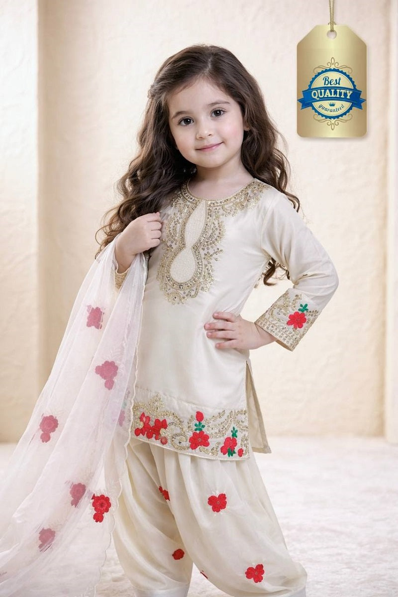 Evanik White Designer Party Wear Heavy Natural Crep Kids Patiala Set