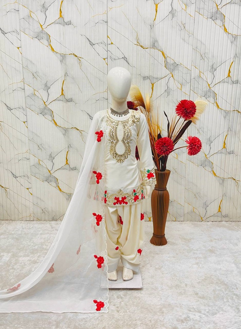 Evanik White Designer Party Wear Heavy Natural Crep Kids Patiala Set