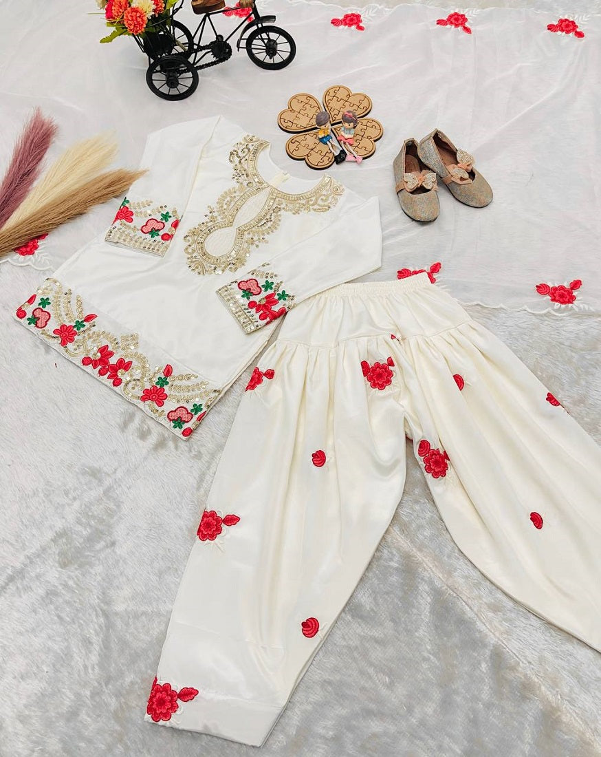Evanik White Designer Party Wear Heavy Natural Crep Kids Patiala Set