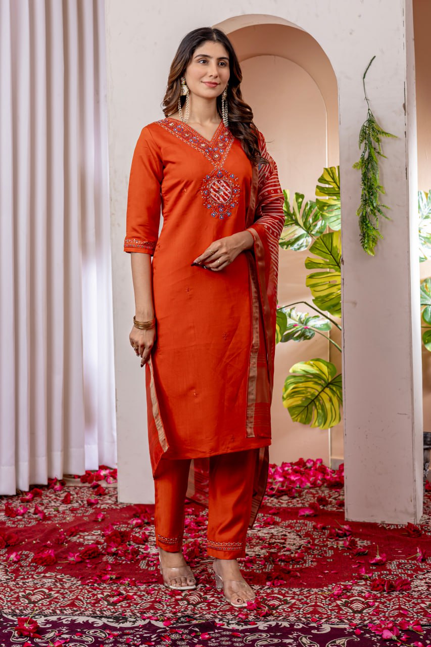 Pramukh Fab Orange Color Viscose Silk Kurta Set