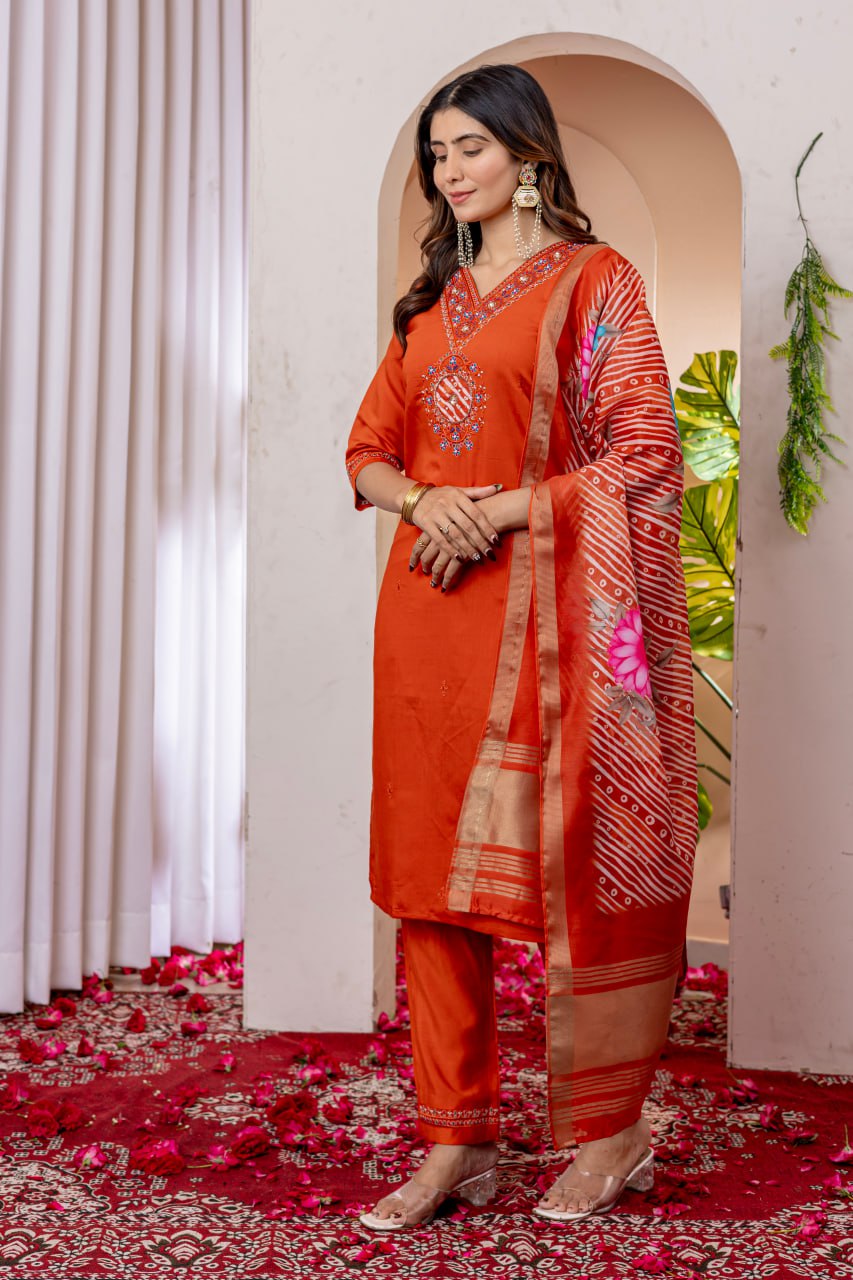 Pramukh Fab Orange Color Viscose Silk Kurta Set