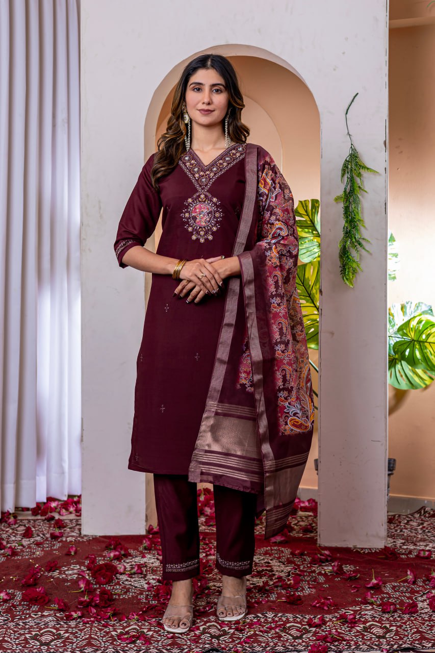 Pramukh Fab Wine Color Viscose Silk Kurta Set
