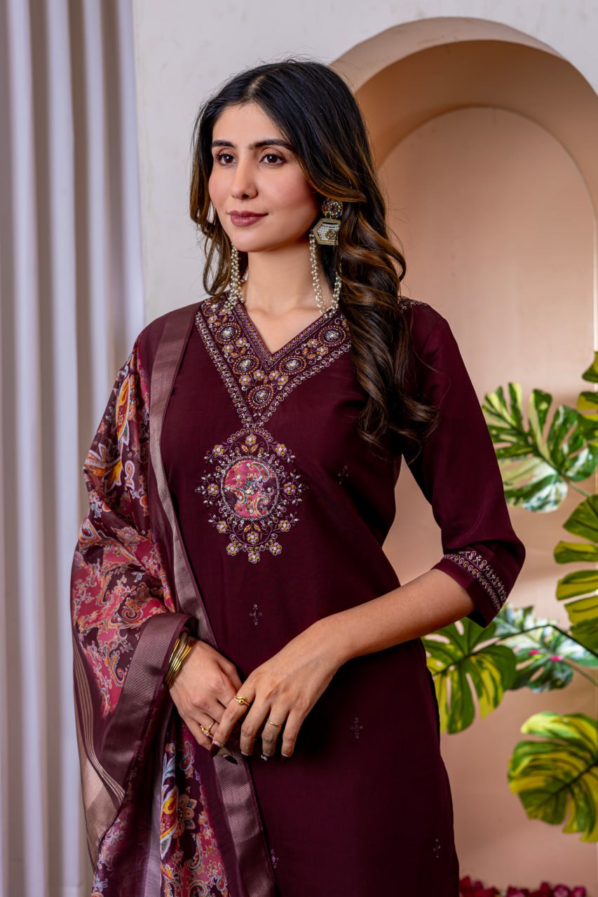 Pramukh Fab Wine Color Viscose Silk Kurta Set