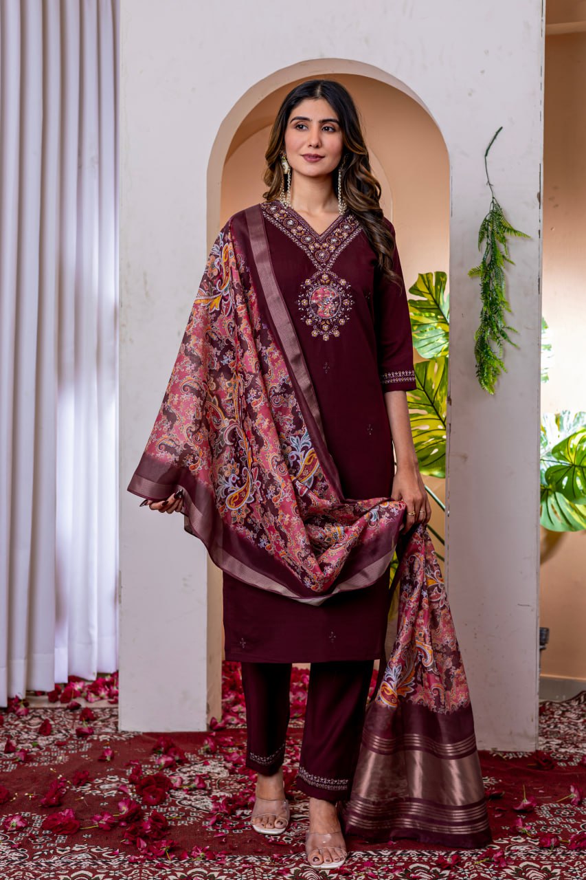 Pramukh Fab Wine Color Viscose Silk Kurta Set
