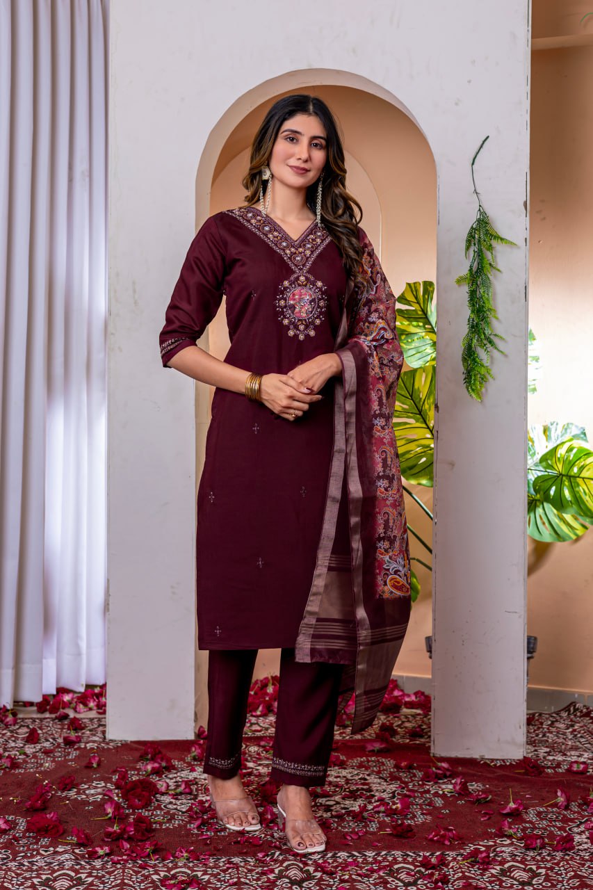 Pramukh Fab Wine Color Viscose Silk Kurta Set