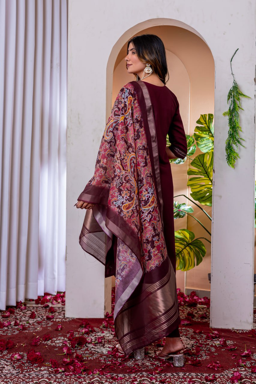 Pramukh Fab Wine Color Viscose Silk Kurta Set