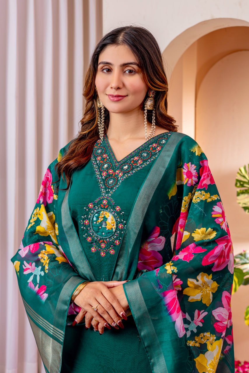 Pramukh Fab Emerald Color Viscose Silk Kurta Set
