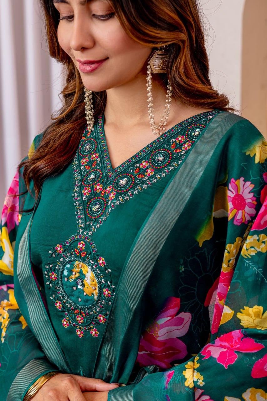 Pramukh Fab Emerald Color Viscose Silk Kurta Set