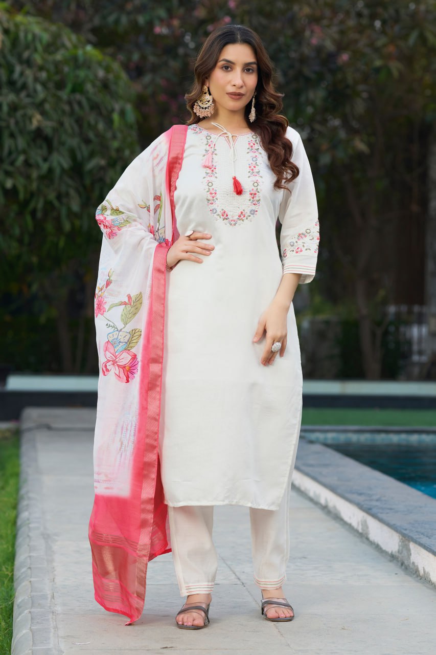 Pramukh Fab White Color Viscose Silk Kurta Set