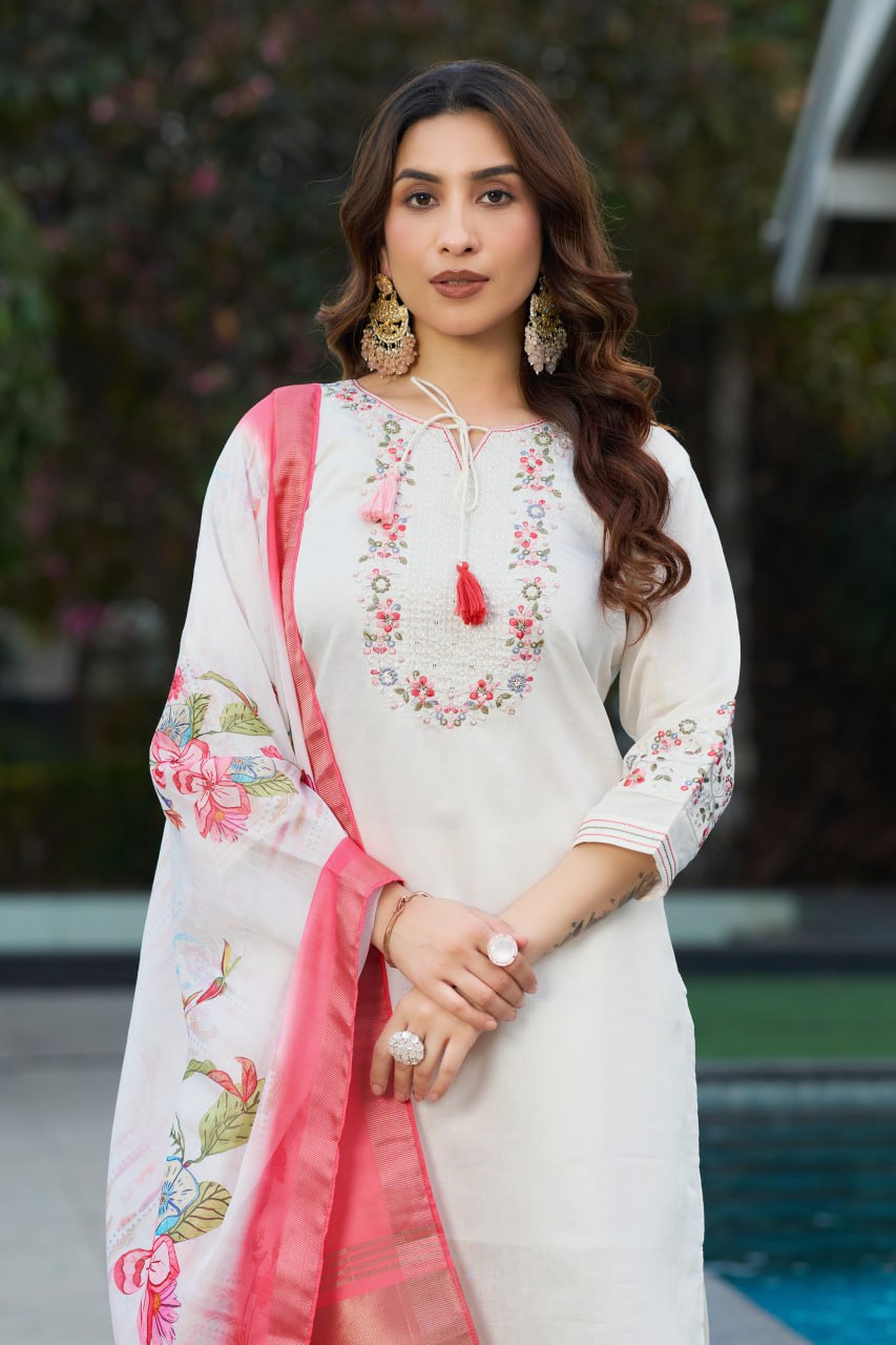 Pramukh Fab White Color Viscose Silk Kurta Set
