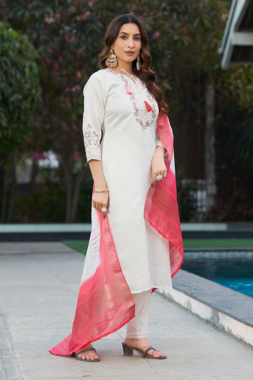 Pramukh Fab White Color Viscose Silk Kurta Set