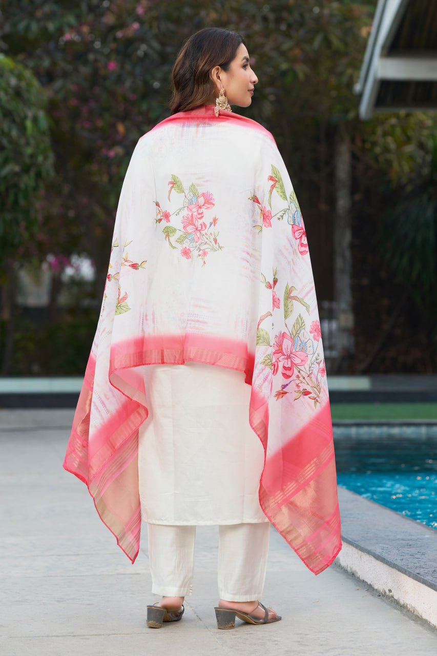 Pramukh Fab White Color Viscose Silk Kurta Set