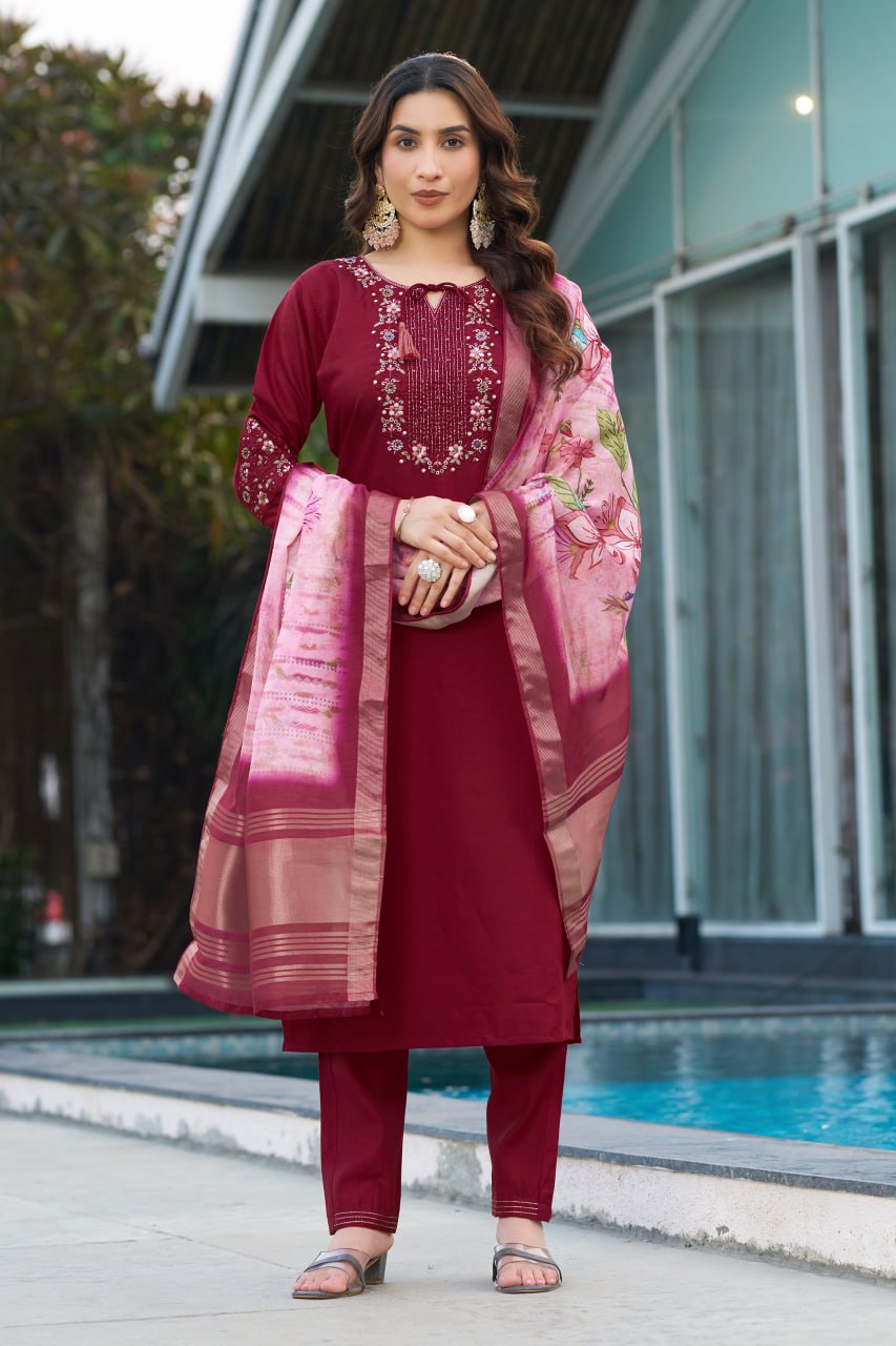 Pramukh Fab Maroon Color Viscose Silk Kurta Set