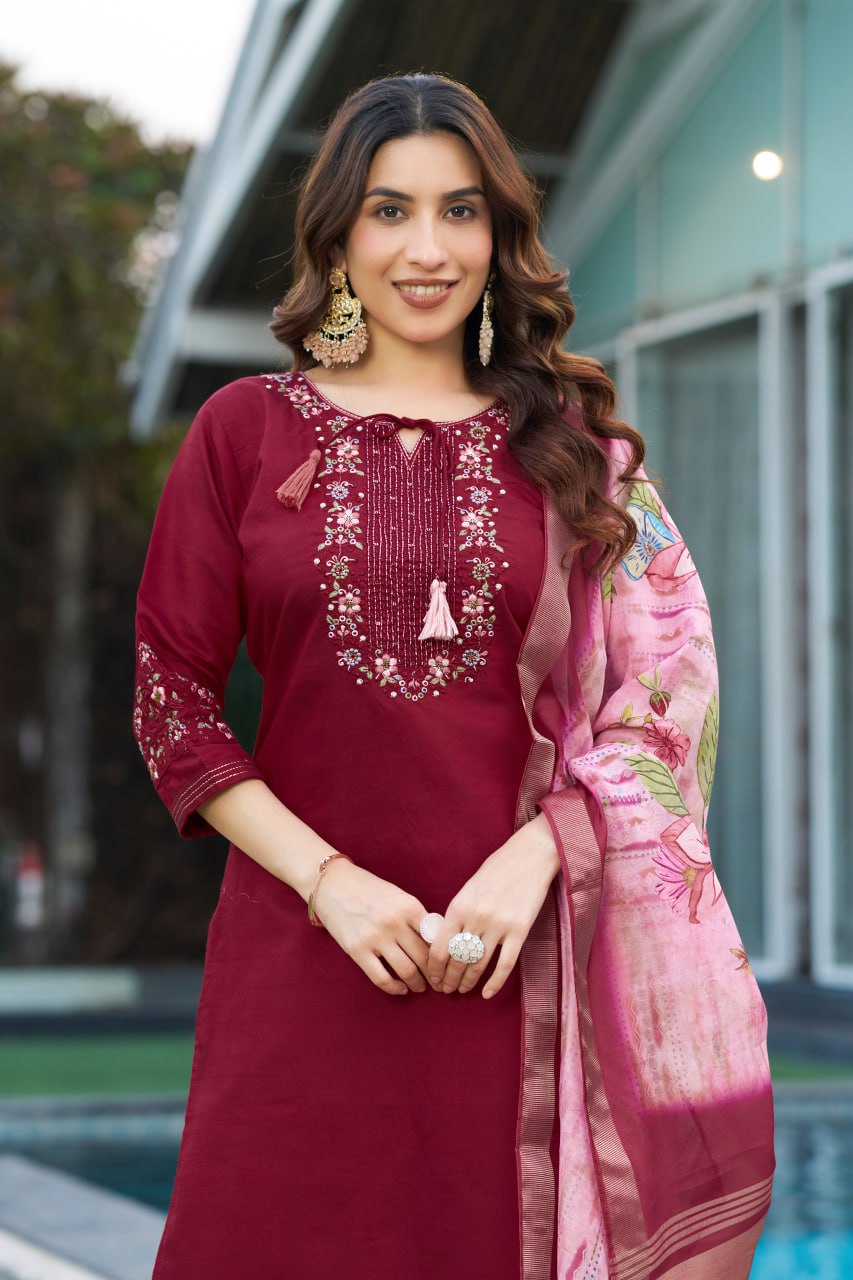 Pramukh Fab Maroon Color Viscose Silk Kurta Set