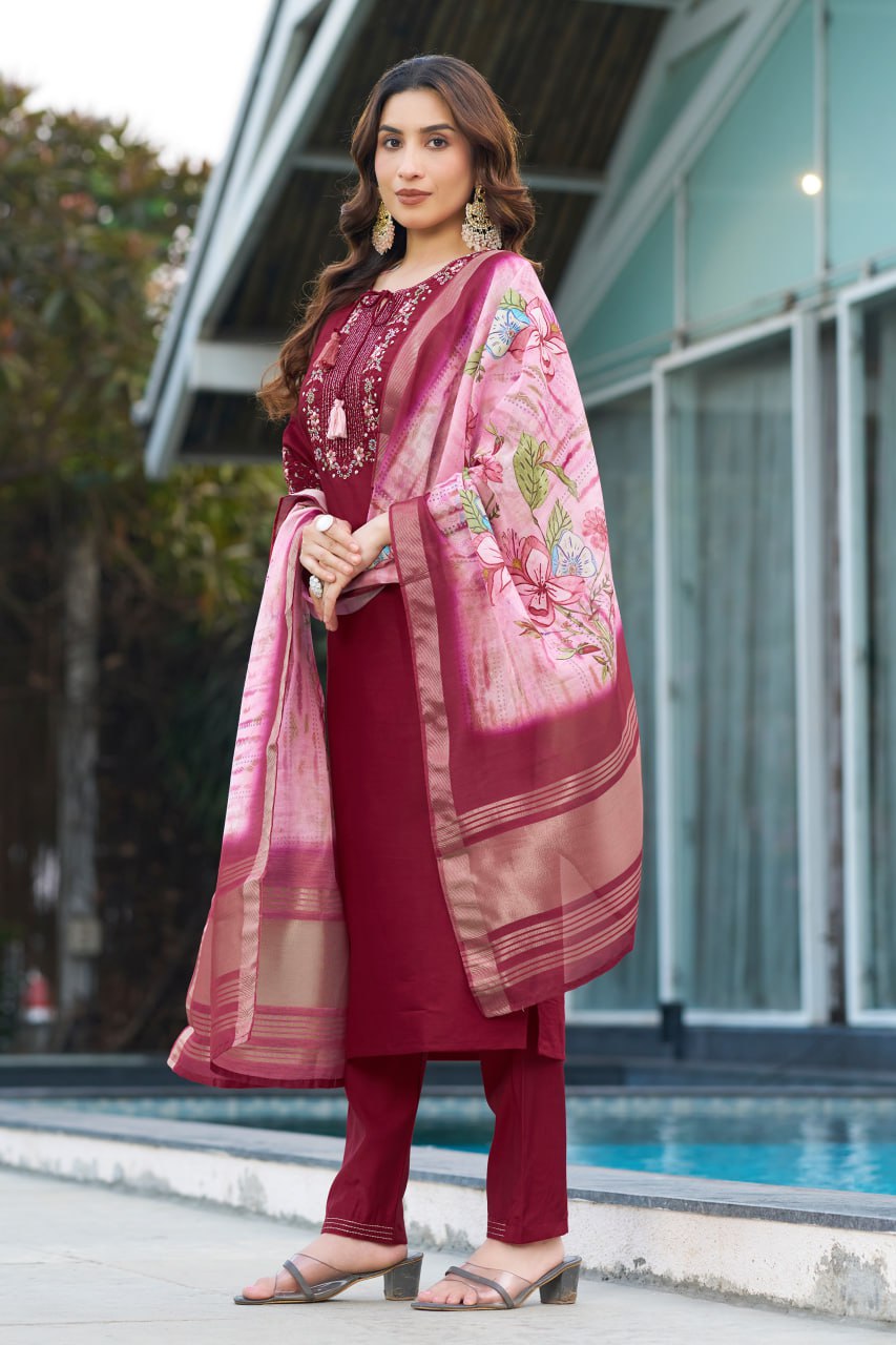 Pramukh Fab Maroon Color Viscose Silk Kurta Set