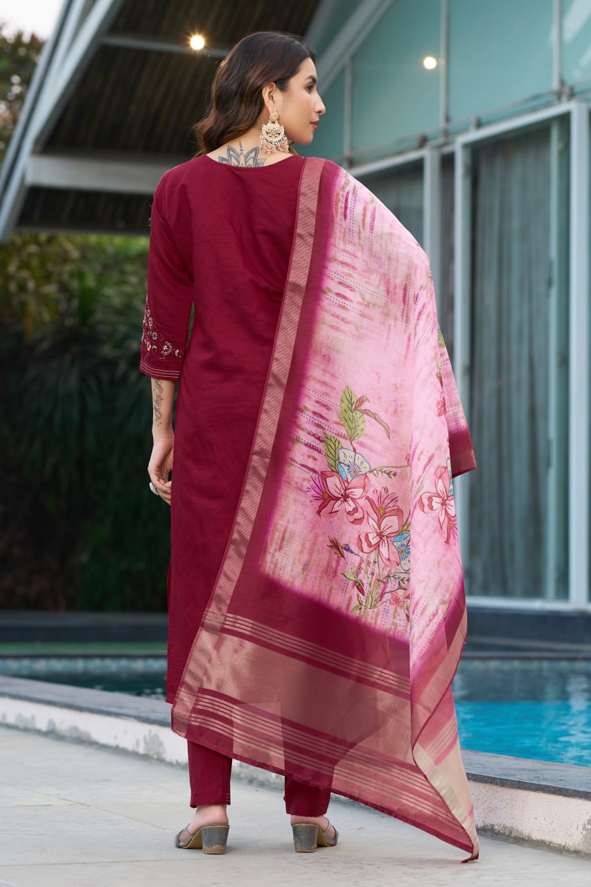 Pramukh Fab Maroon Color Viscose Silk Kurta Set