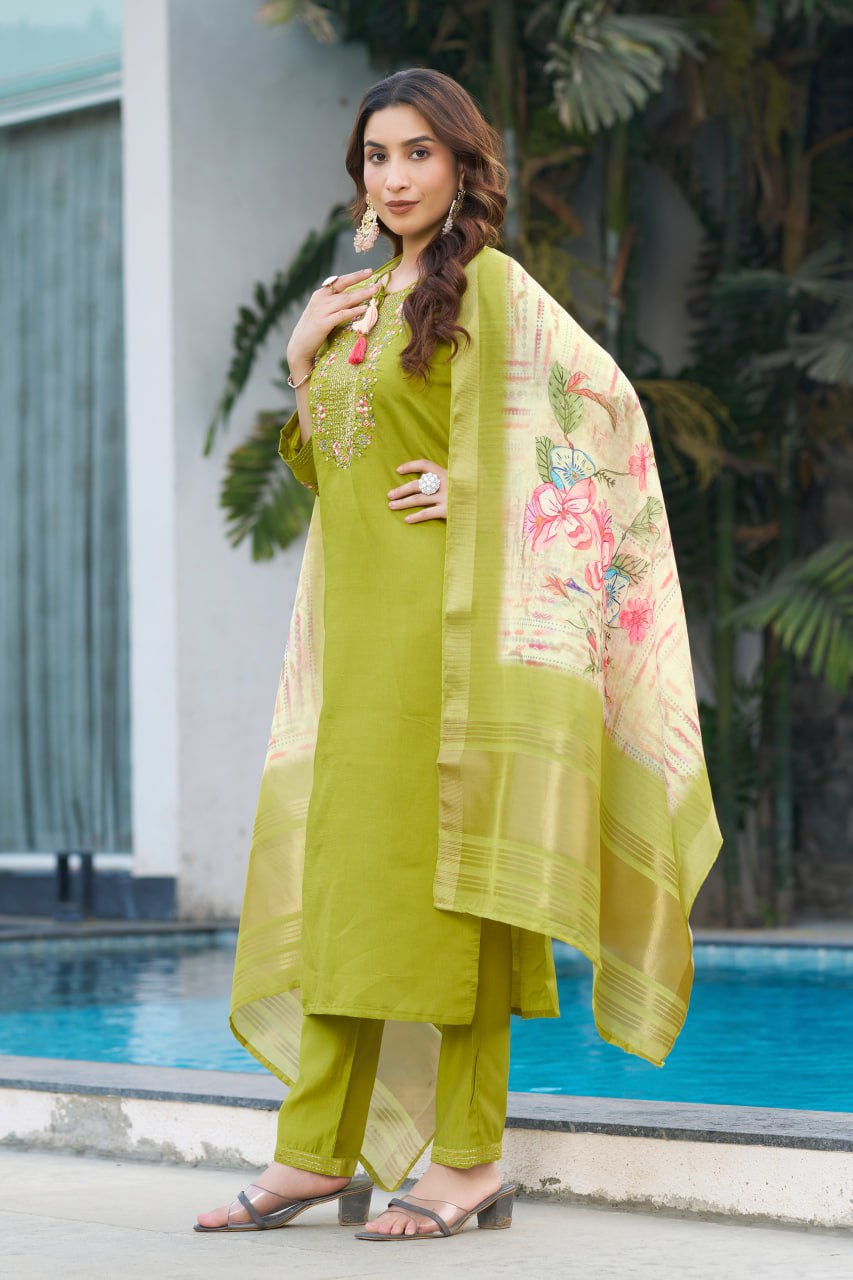 Pramukh Fab Lime Green Color Viscose Silk Kurta Set