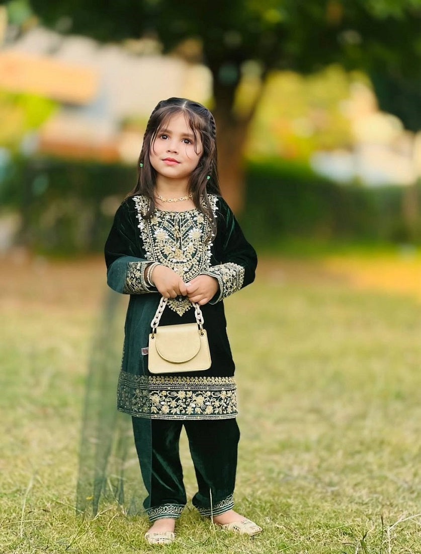 Evanik Green Designer Viscose Velvet Embroidered Work Kids Kurta Set