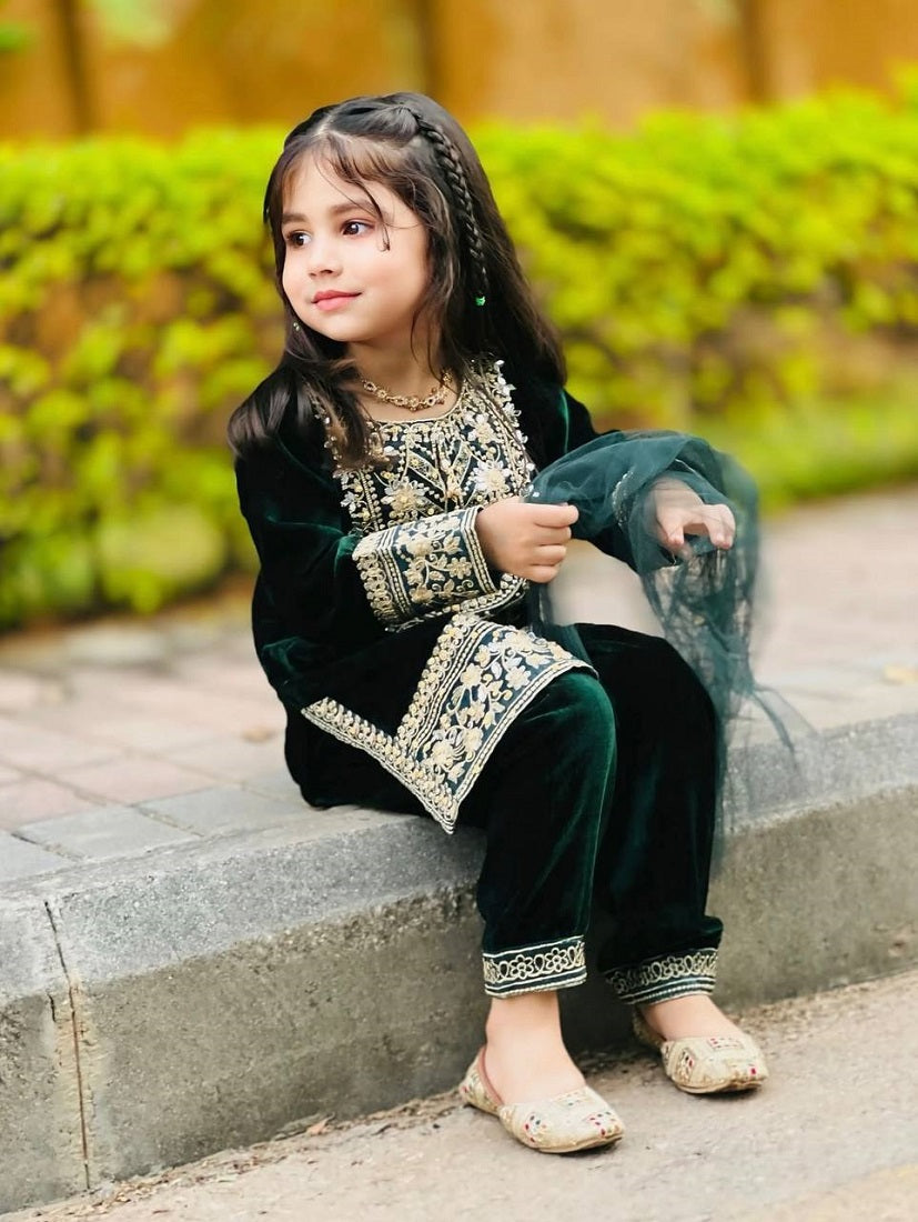 Evanik Green Designer Viscose Velvet Embroidered Work Kids Kurta Set