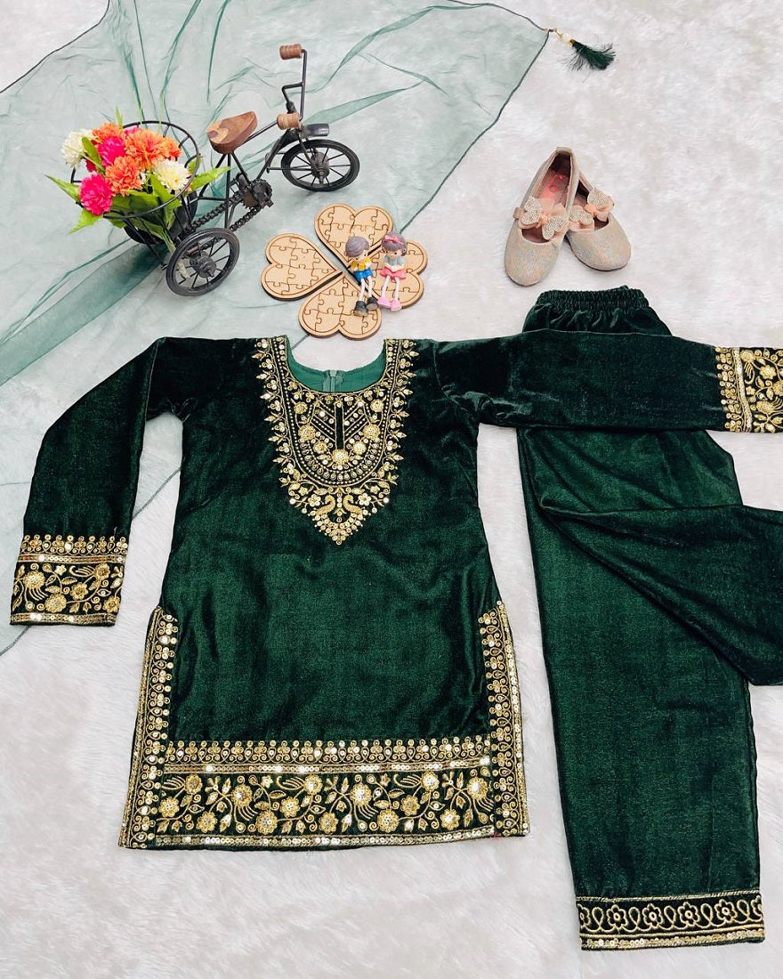 Evanik Green Designer Viscose Velvet Embroidered Work Kids Kurta Set