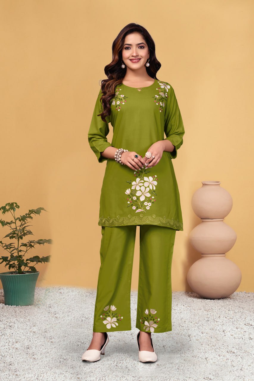 Pramukh Fab Olive Color Viscose Rayon Co-ord Set