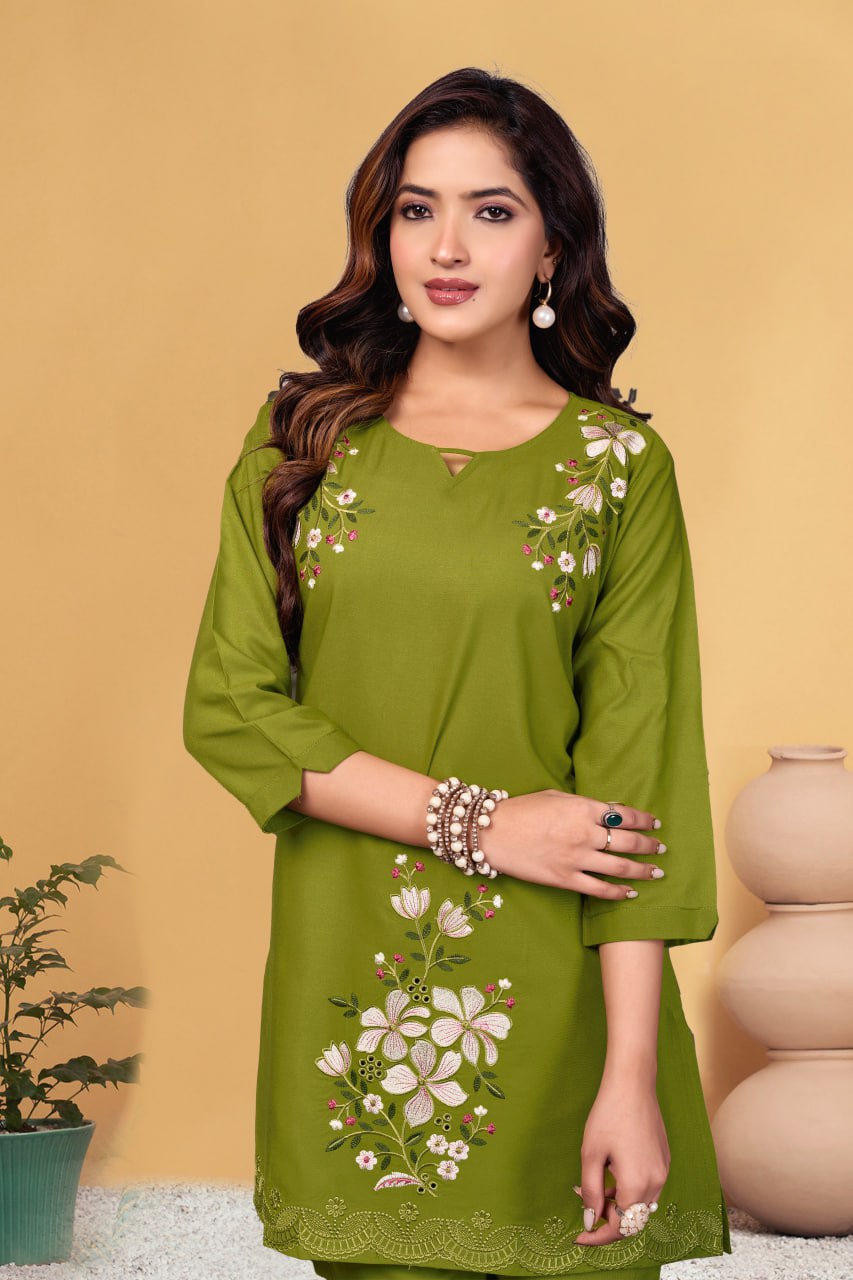 Pramukh Fab Olive Color Viscose Rayon Co-ord Set