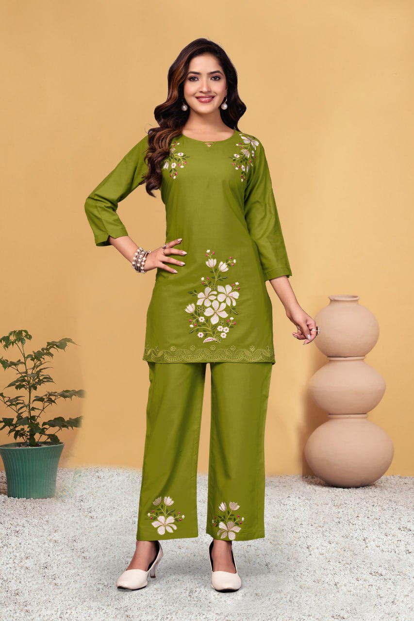 Pramukh Fab Olive Color Viscose Rayon Co-ord Set