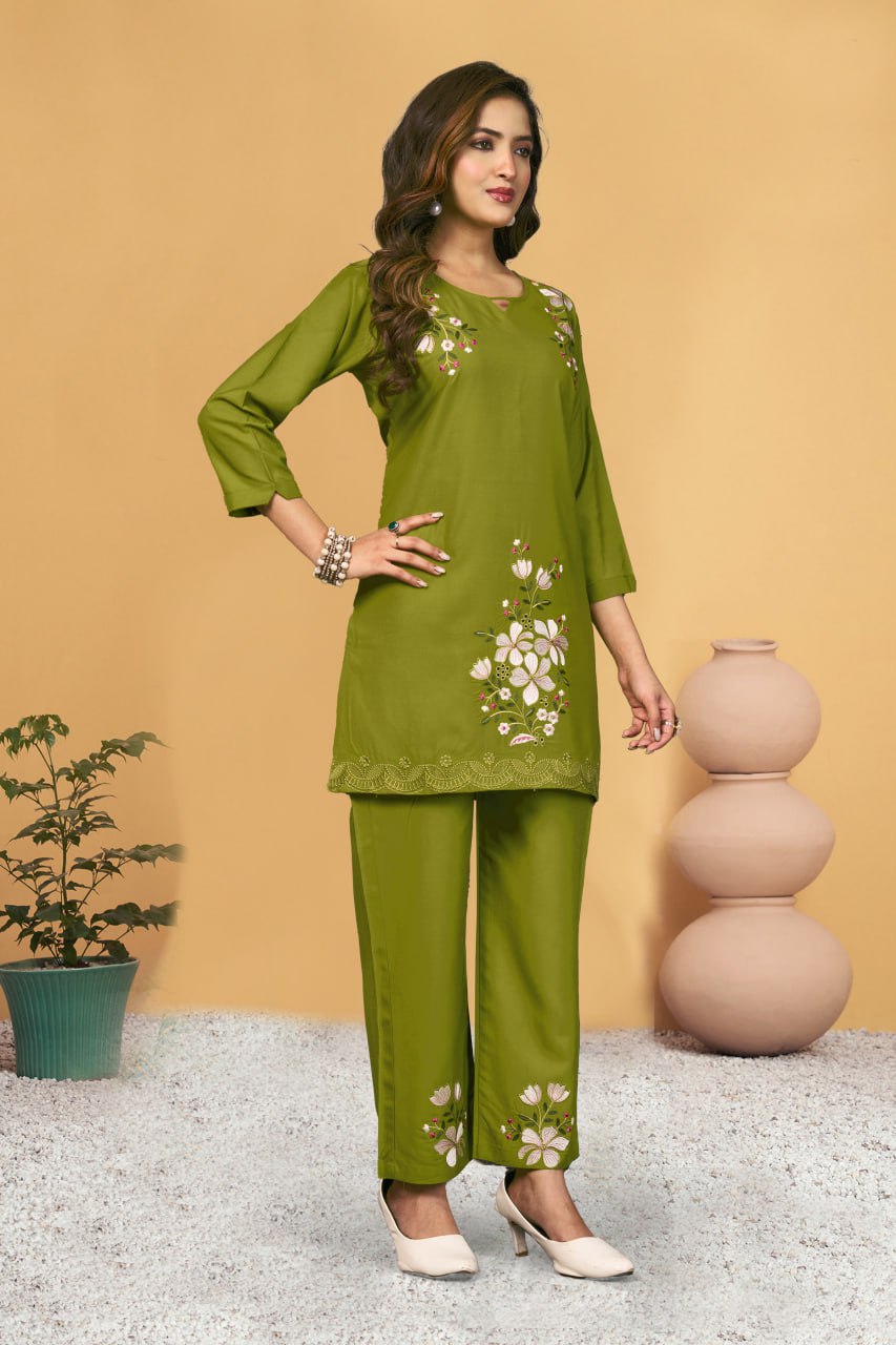Pramukh Fab Olive Color Viscose Rayon Co-ord Set