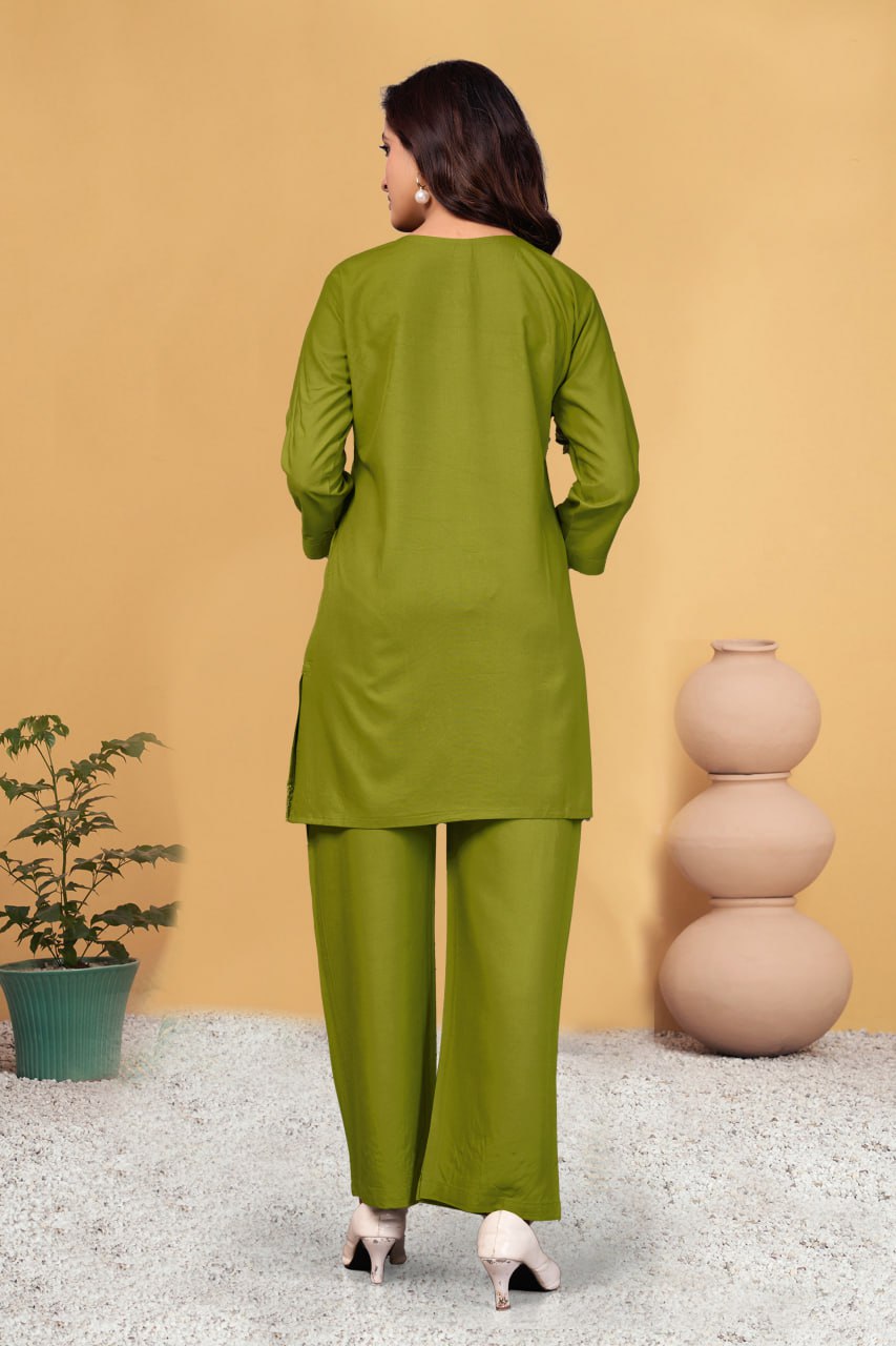 Pramukh Fab Olive Color Viscose Rayon Co-ord Set