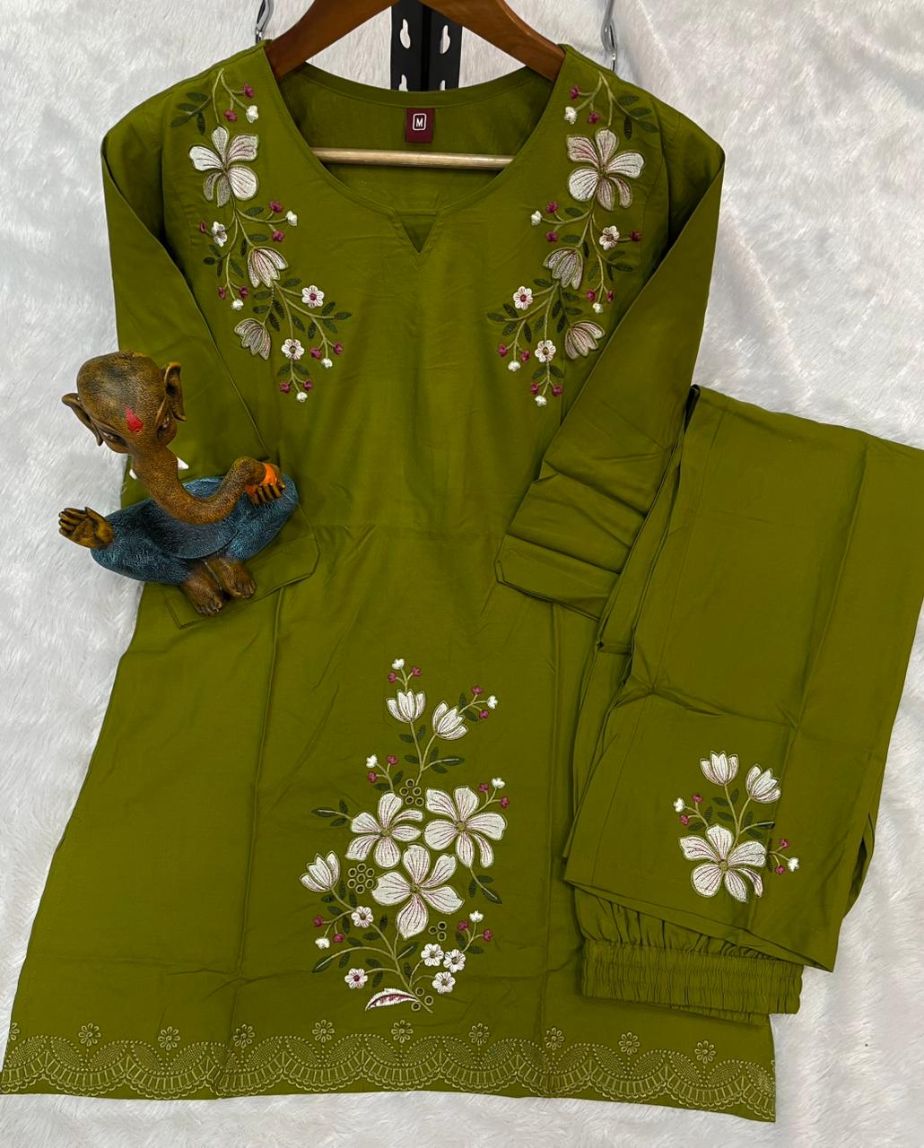 Pramukh Fab Olive Color Viscose Rayon Co-ord Set