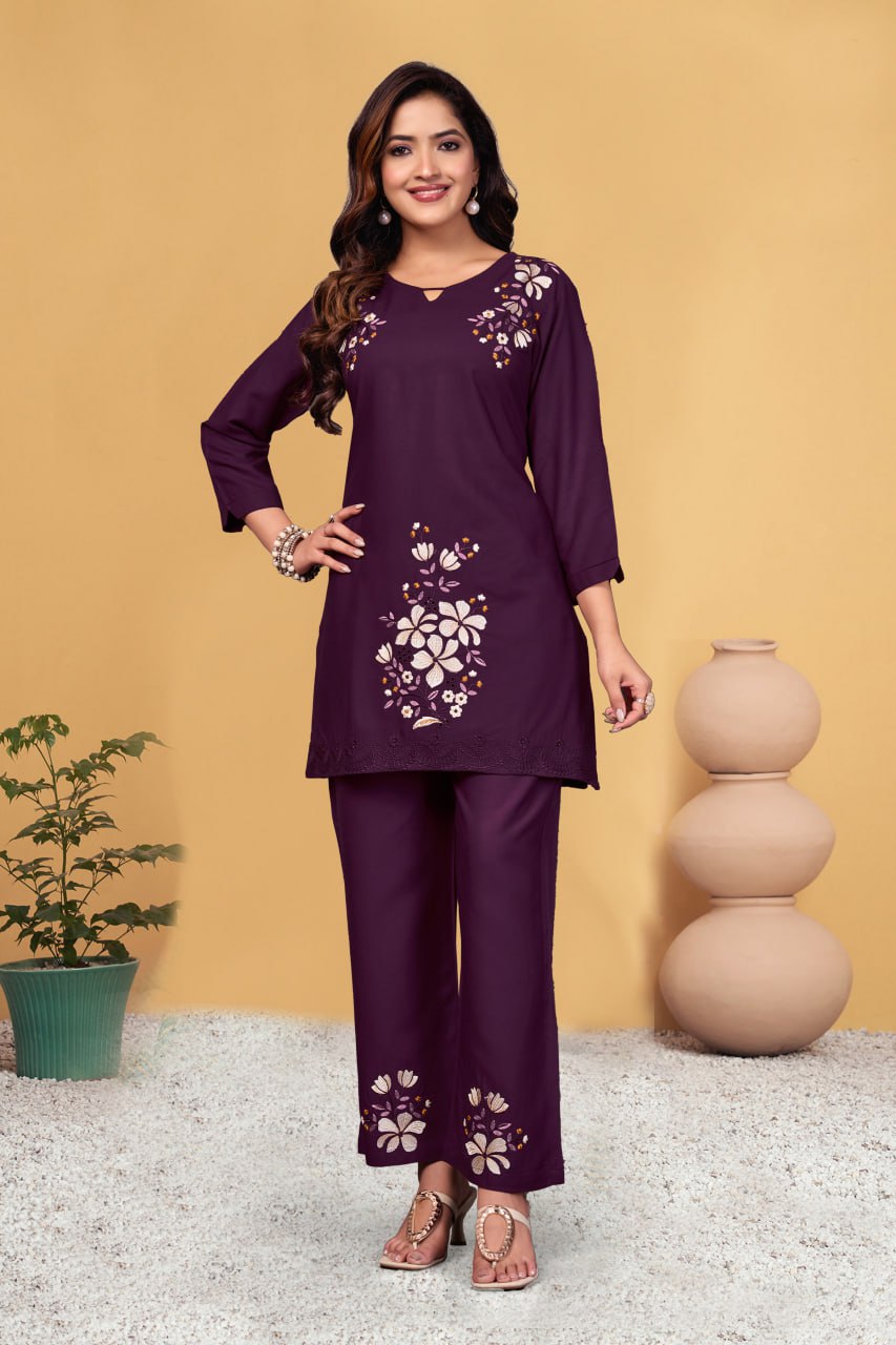 Pramukh Fab Plum Color Viscose Rayon Co-ord Set