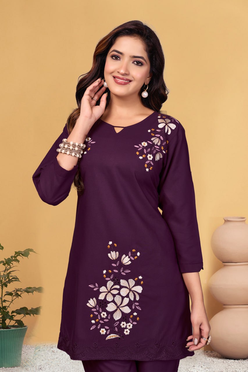 Pramukh Fab Plum Color Viscose Rayon Co-ord Set