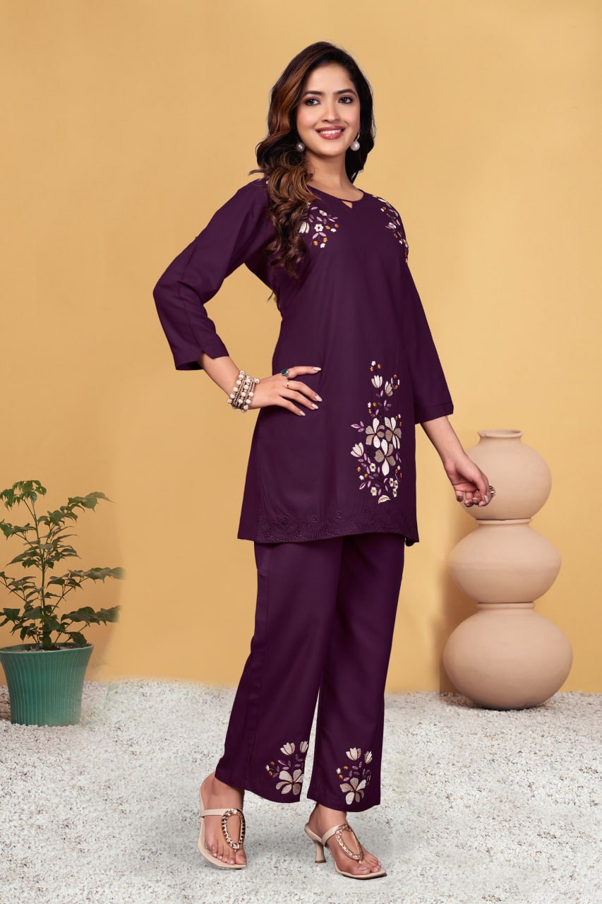 Pramukh Fab Plum Color Viscose Rayon Co-ord Set