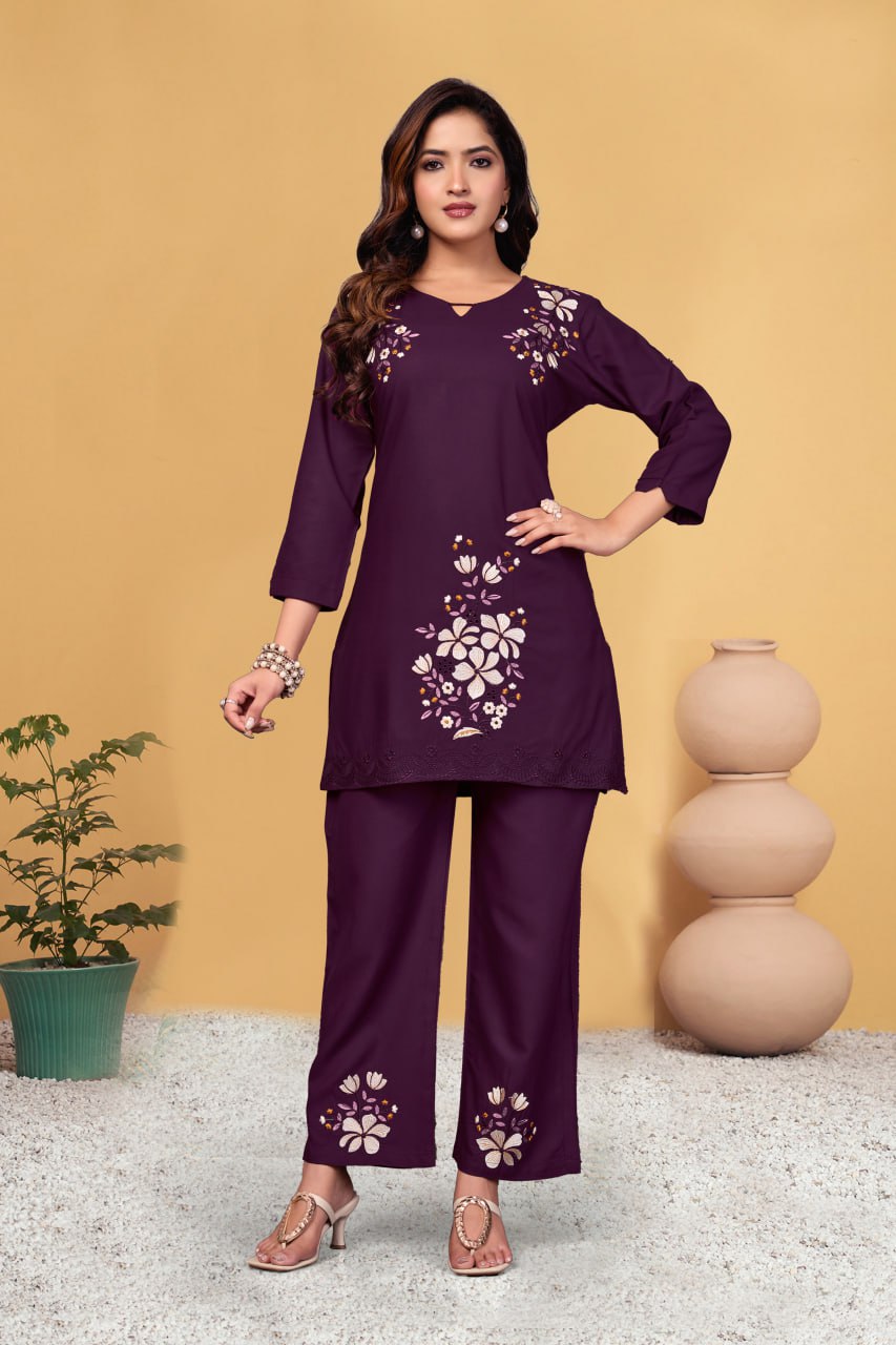 Pramukh Fab Plum Color Viscose Rayon Co-ord Set