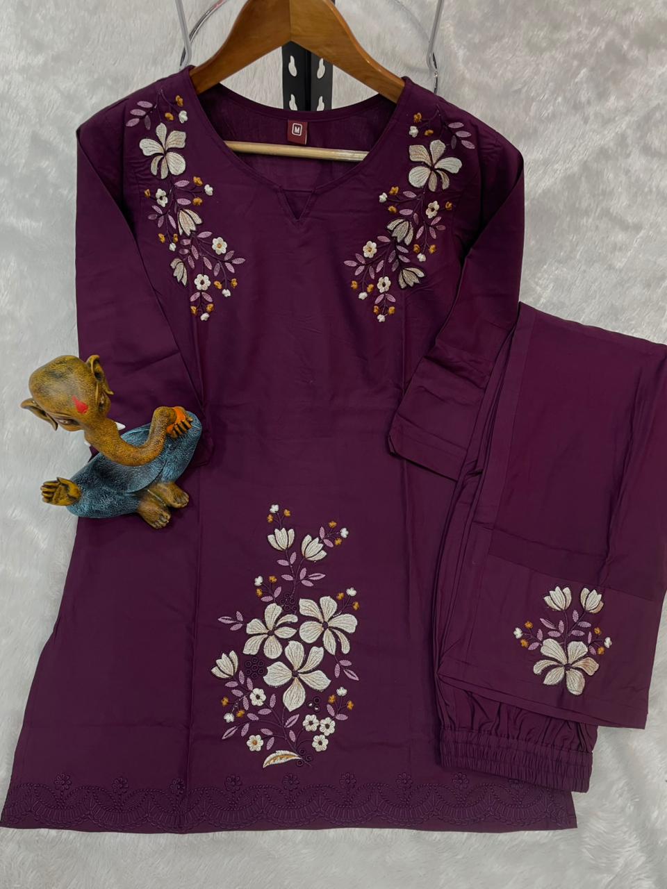 Pramukh Fab Plum Color Viscose Rayon Co-ord Set