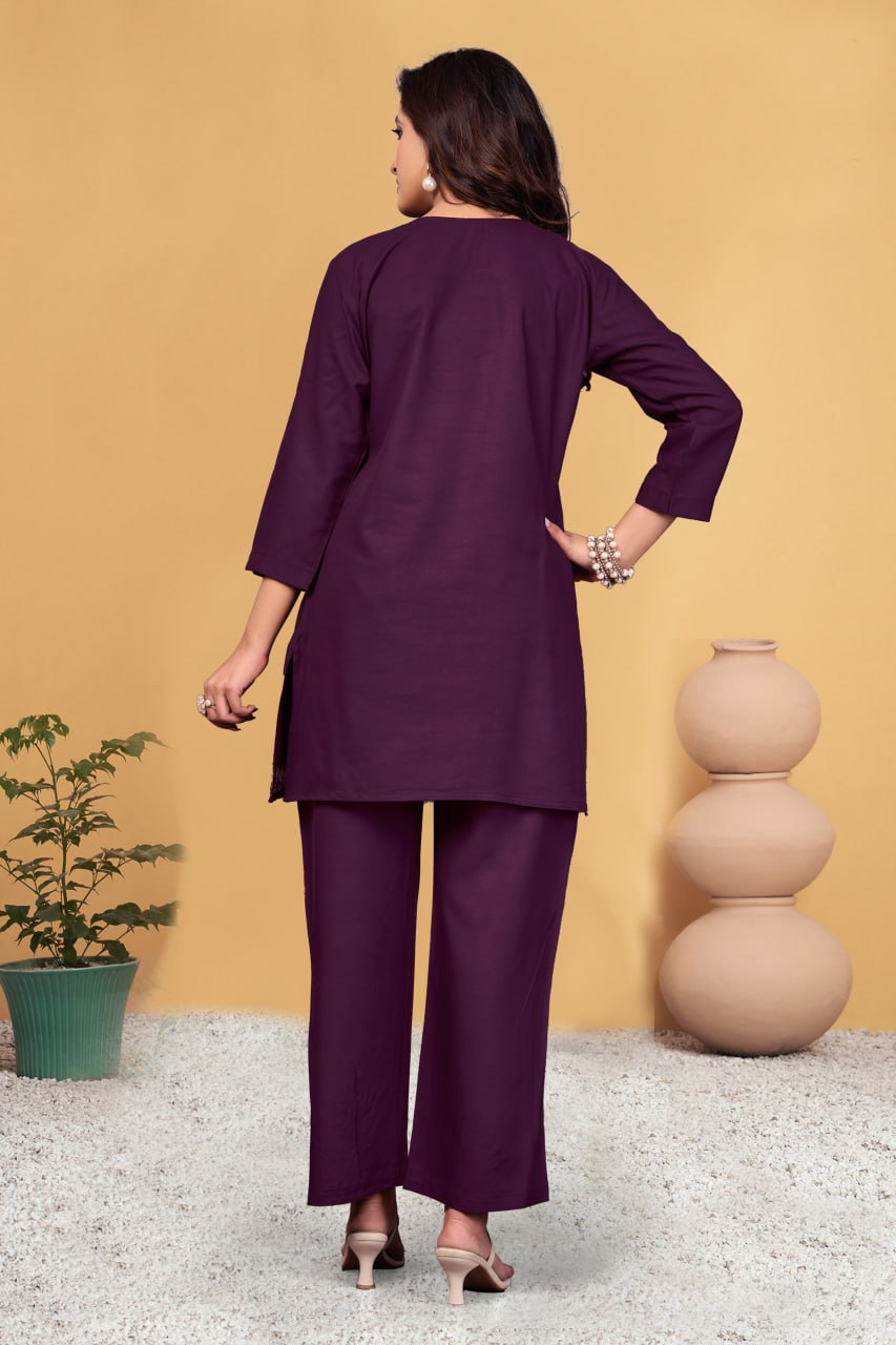 Pramukh Fab Plum Color Viscose Rayon Co-ord Set
