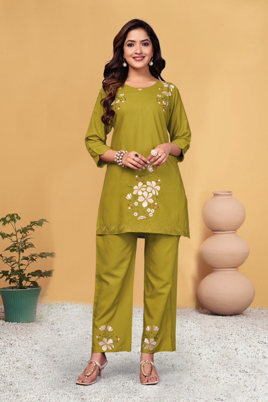 Pramukh Fab Mustard Color Viscose Rayon Co-ord Set